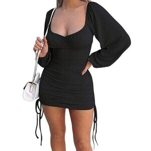 Women Long Puff Sleeve Low Cut Neck Ruched Backless Bodycon Mini Dress